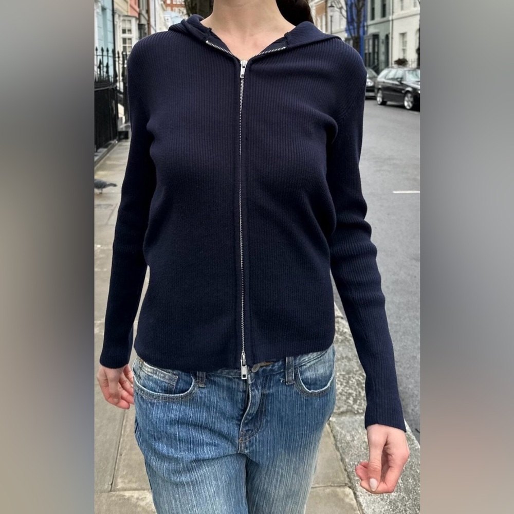 Brandy Melville Dark Blue Arden Cropped Ribbed Double Zip Sweater - Size OS